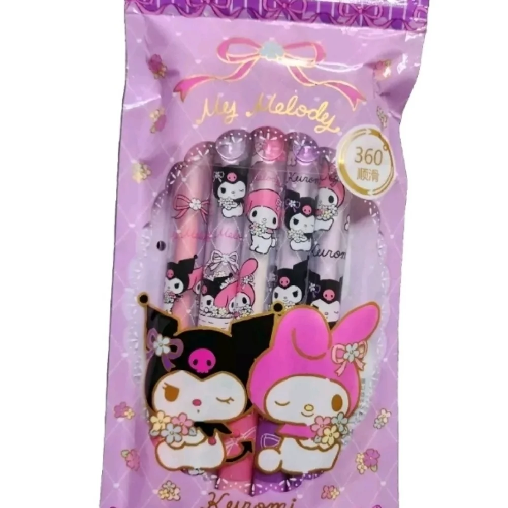 5pcs/set Cute Girl's Pink My Melody And Kuromi Gel Pen Black Ink 0.5mm School